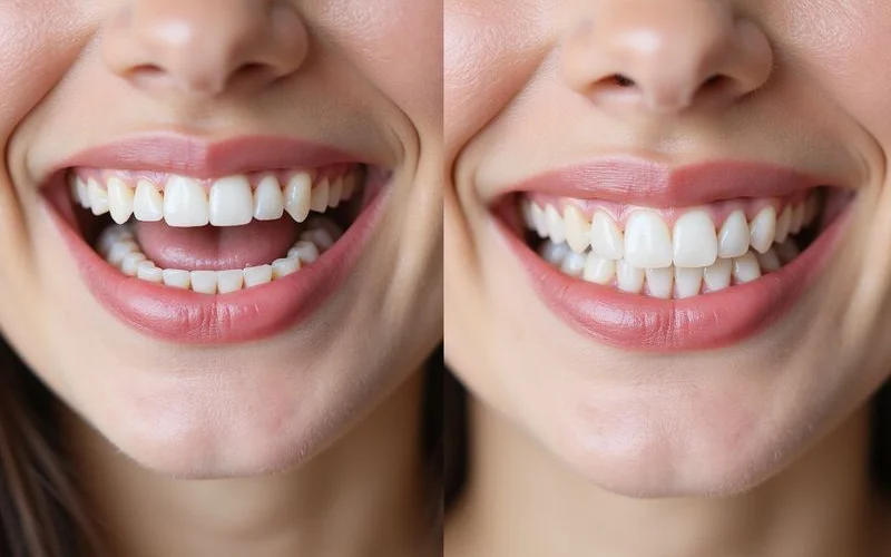 Close-up comparison of teeth before and after successful orthodontic treatment