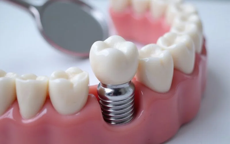 Close-up of a completed dental implant with porcelain crown next to natural teeth