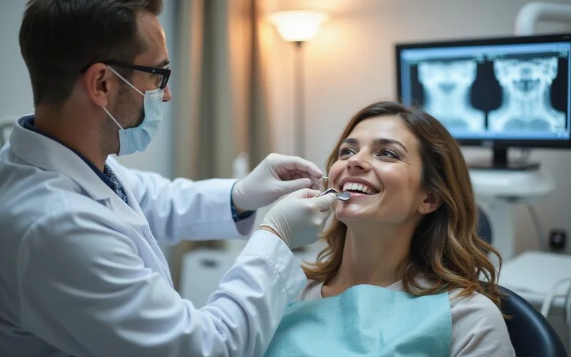 Dentist examining a patient for crown and bridge restoration