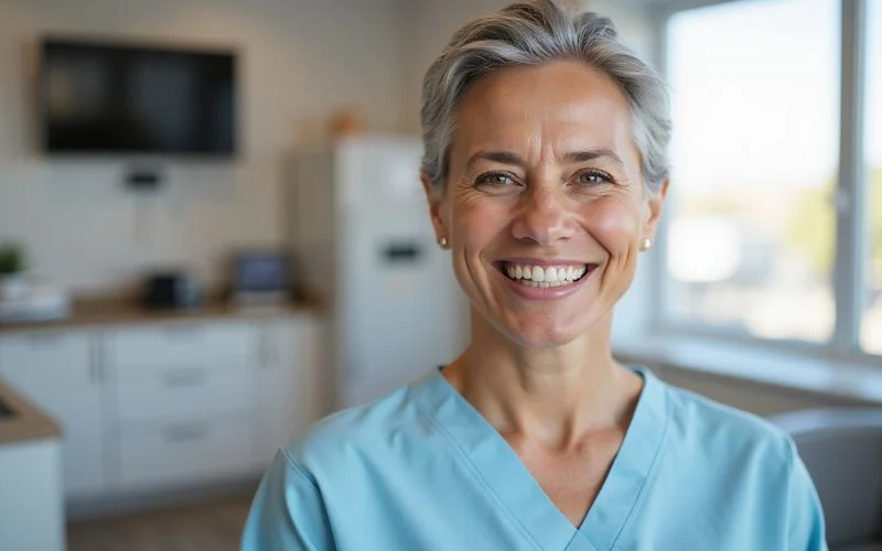 Patient smiling confidently with a new All-on-4 full arch dental restoration