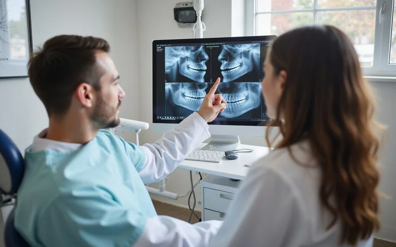 Dentist reviewing digital X-rays with patient on chairside monitor