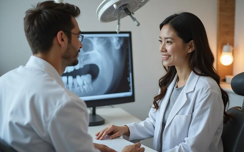 Patient recovery consultation with dentist reviewing healing progress