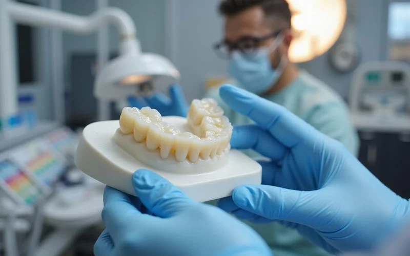 Close-up of a precision-crafted three-unit dental bridge in zirconia