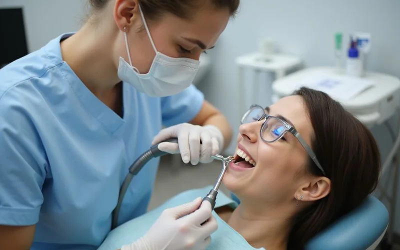 Dental hygienist performing professional teeth cleaning with ultrasonic scaler