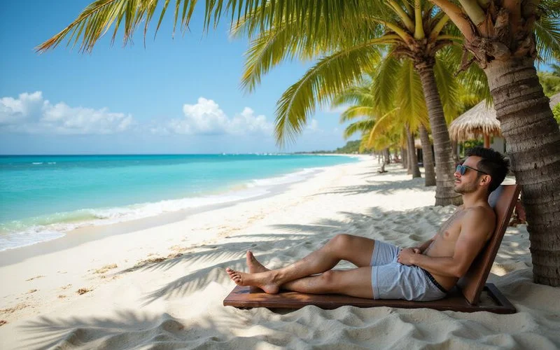 Patient relaxing at a beachfront resort in Playa del Carmen between dental appointments