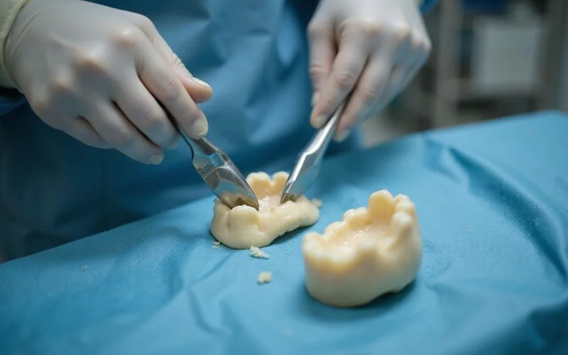 Illustration of sinus lift procedure showing membrane elevation and bone graft placement
