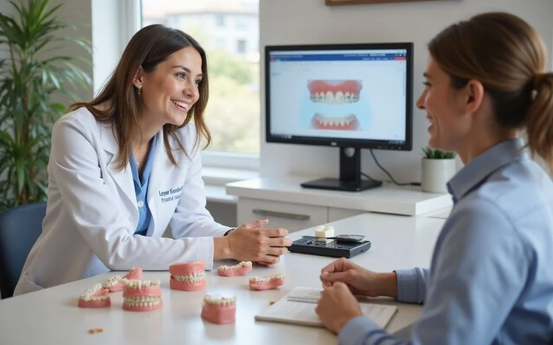 Orthodontist examining patient for braces consultation in modern clinic