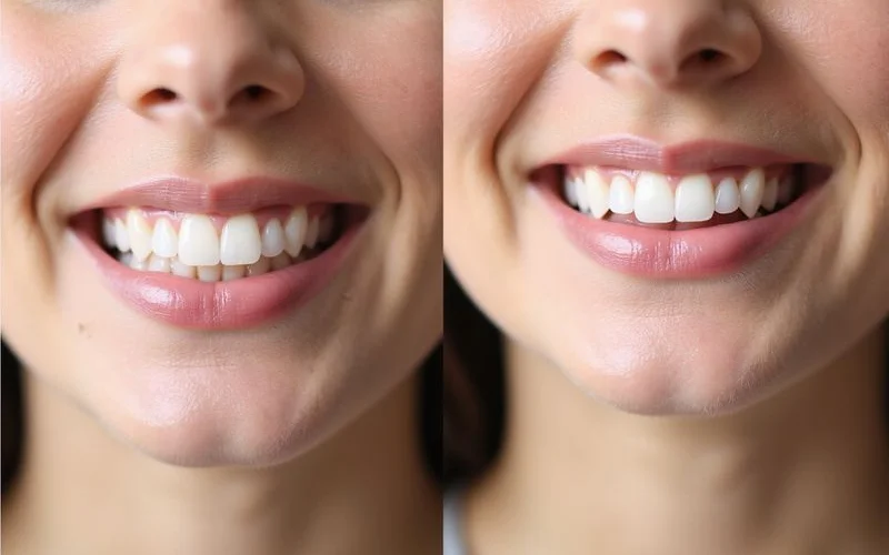 Before and after smile transformation showing porcelain veneer results