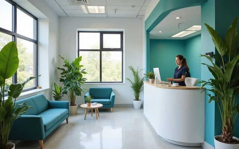 Welcoming dental clinic reception area with friendly staff